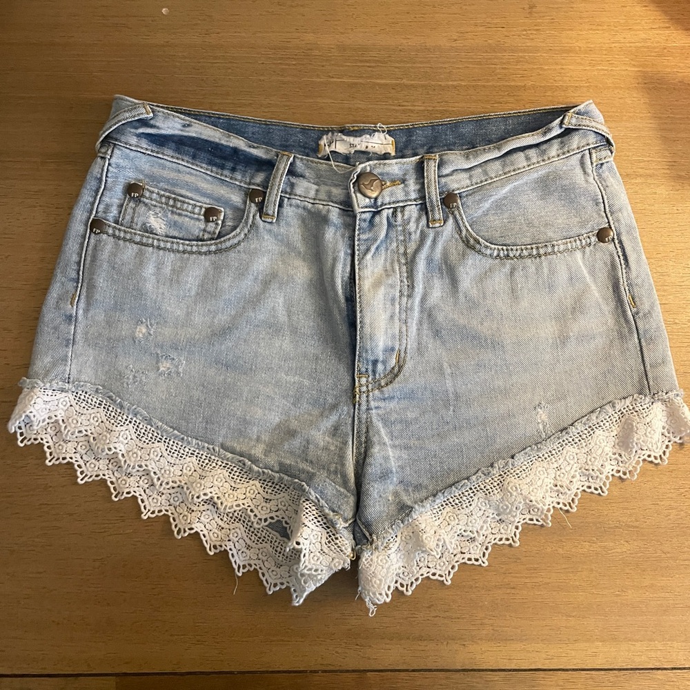 Free People Light BlueDenim Shorts with Crochet Hem